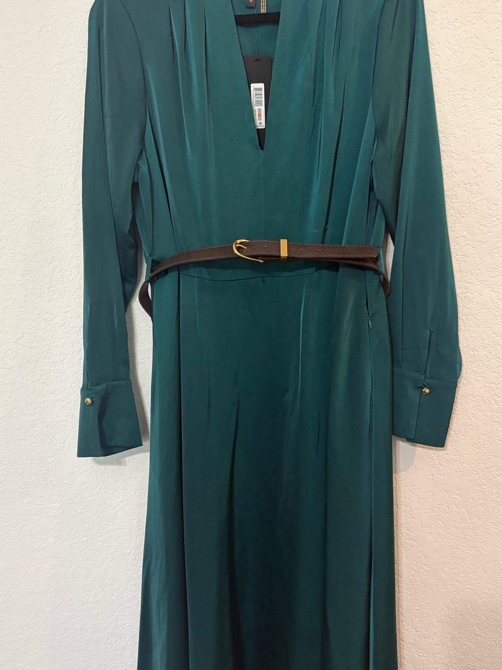 Donna Karan Green Long Sleeve V-Neck Dress with Brown Belt